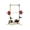 The V1 Squat Rack with a mounted barbell and weight plates, highlighting its functionality and stability in strength training.